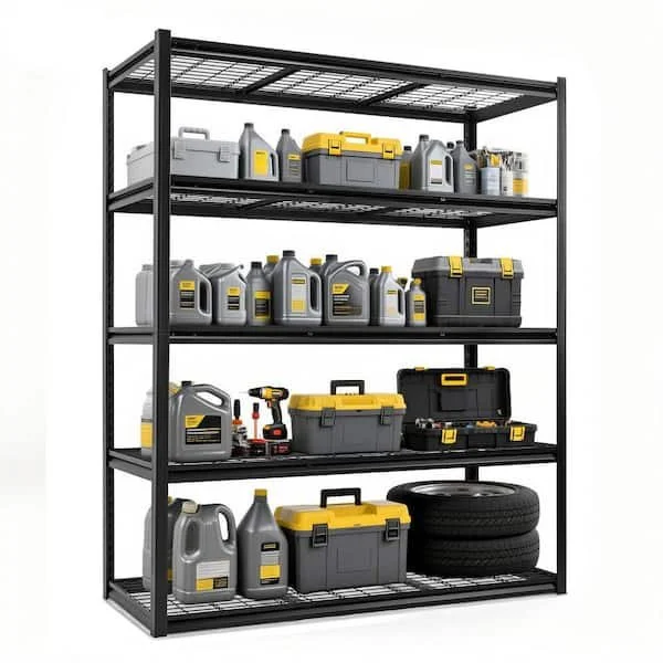 Black 5 tier heavy duty metal adjustable garage shelving unit 60 inch width 2000 pound capacity.