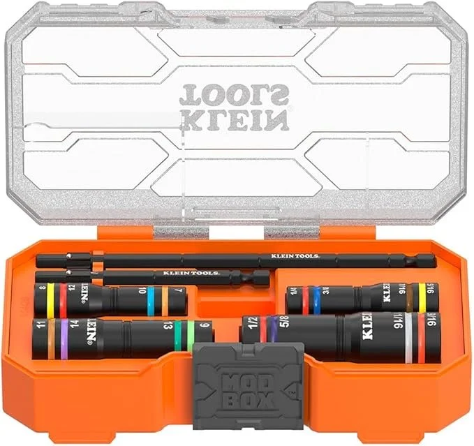 Klein Tools 654QS KNECT Quad Socket set with 16 hex sizes in 4 color coded SAE and metric impact rated deep well sockets and 1/4 inch drive
