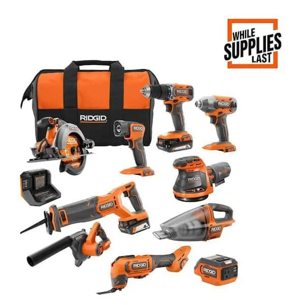 RIDGID 18V cordless 10 tool combo kit with drill impact driver circular saw reciprocating saw sander blower multi tool vacuum inverter task light batteries charger and two orange tool bags.