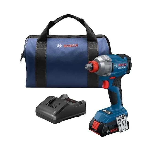 Bosch 18V brushless 2 in 1 impact wrench and driver kit with battery and charger on a work surface.