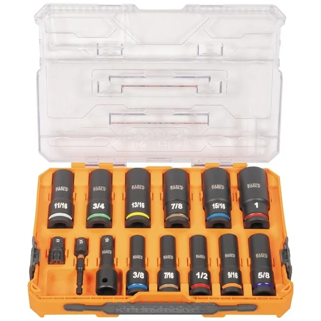 Klein Tools KNECT 1/2 inch drive deep well impact socket set with 14 SAE sockets and modular storage case