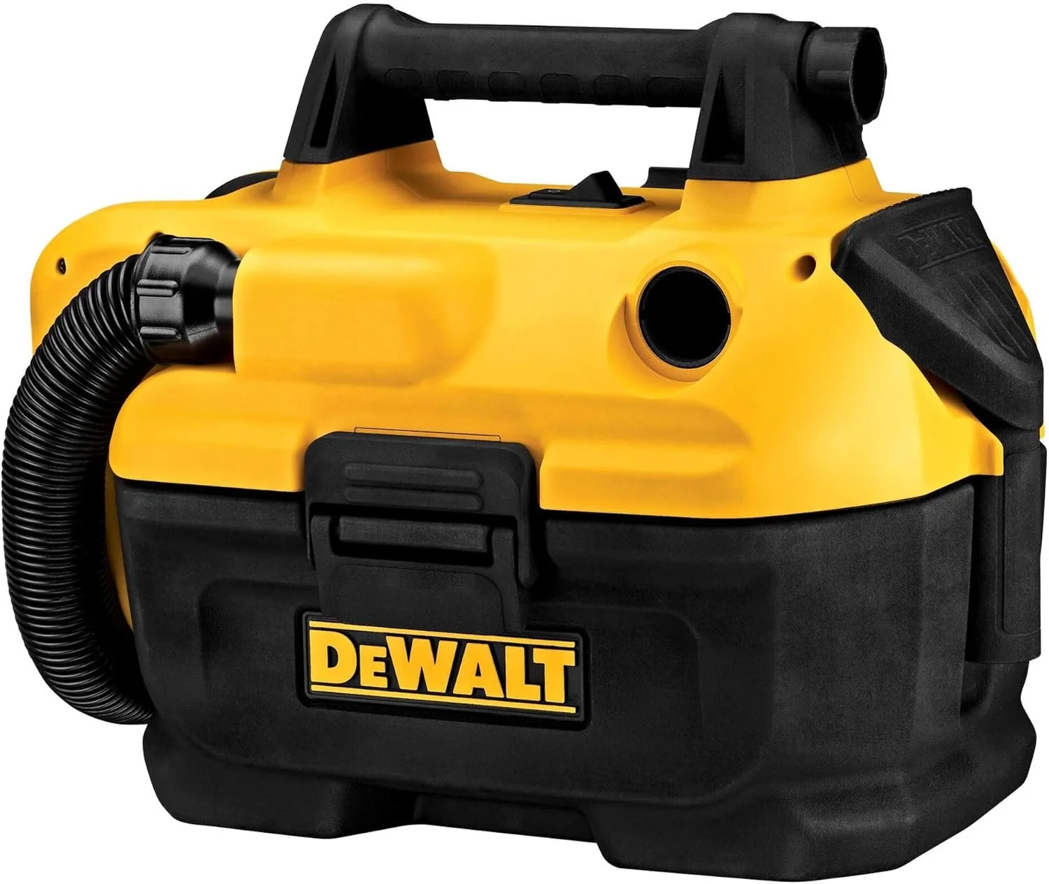 DEWALT 20V MAX Cordless Portable 2 Gallon Wet Dry Shop Vac showing the flexible hose and HEPA filter.