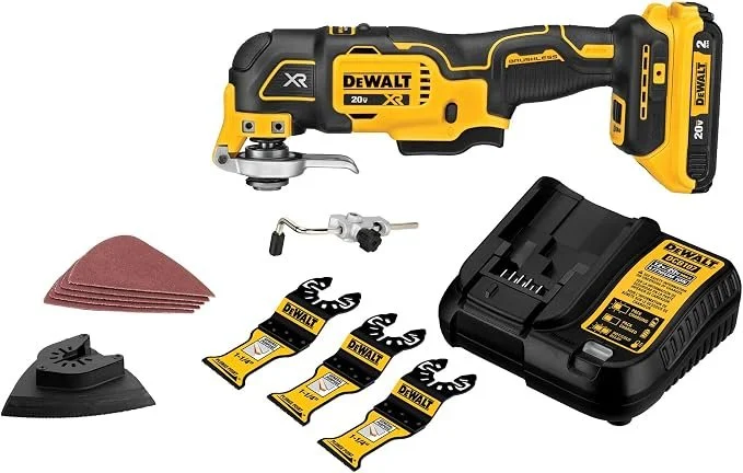 DEWALT 20V MAX XR cordless oscillating multi tool kit DCS356D1 with 3 speed selector, battery, charger, cutting blades, and sandpaper accessories