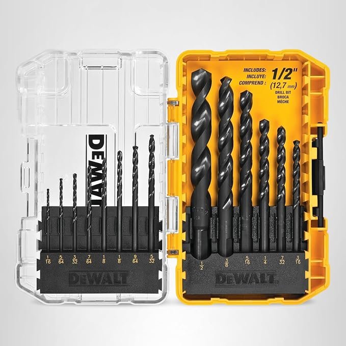 DEWALT DWA1184 14 Piece Drill Bit Set with 135 degree split point tips, 3 flats shank, and black and gold coating on sale at Amazon