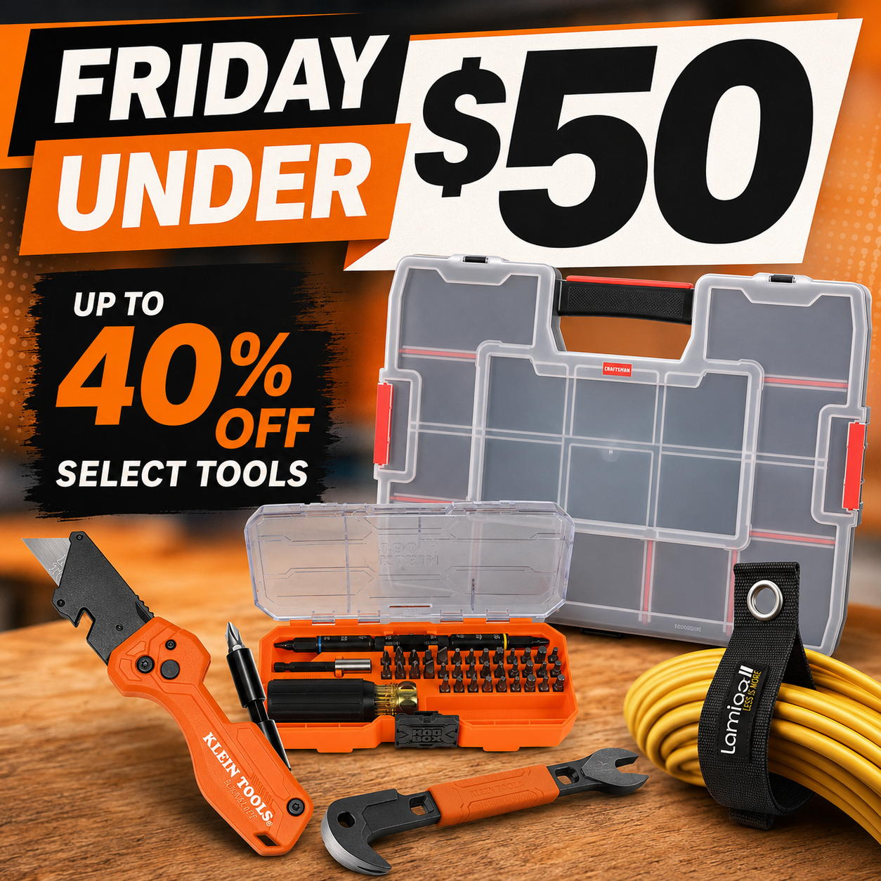 Friday under $50 tool deals featuring Klein Tools nail puller, folding utility knife, KNECT 46 piece driver set, Lamicall extension cord straps, and Craftsman small parts organizer.