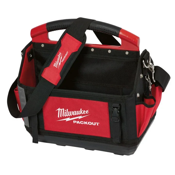 Milwaukee PACKOUT modular storage system showing the deep organizer and compact low profile organizer red tool boxes.