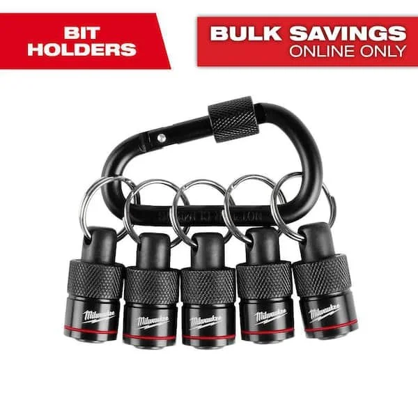 Milwaukee 5 Piece Hex Bit Holder with red carabiner holding quarter inch driver bits on sale at Home Depot