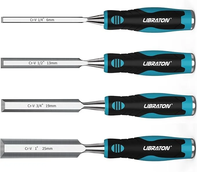 Four piece wood chisel set with chrome vanadium steel blades and ergonomic handles displayed with a black storage pouch.