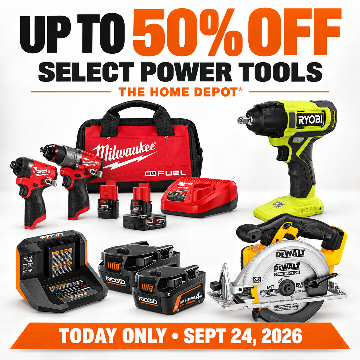 Today only Home Depot power tool sale with up to 50% off Milwaukee, RYOBI, RIDGID, and DeWALT tools