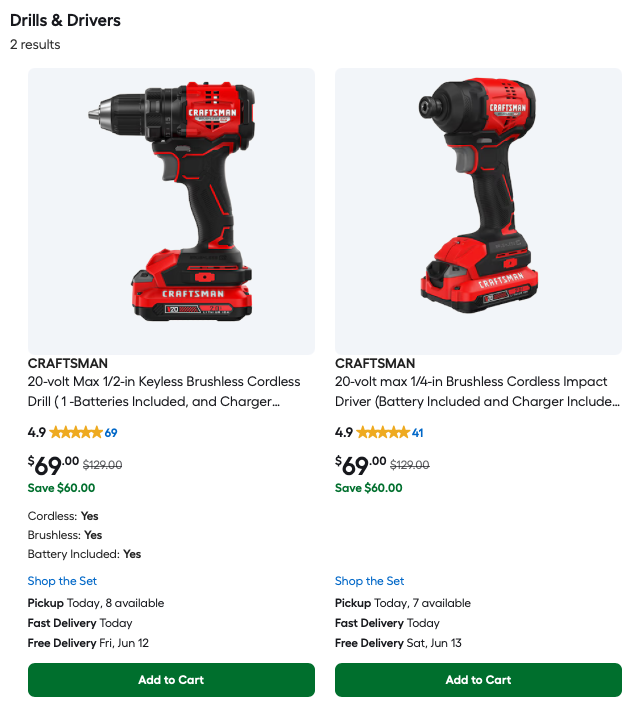 CRAFTSMAN V20 20V Brushless Cordless Drill or Impact Kit on sale for $69 at Lowe's today only with $60 savings