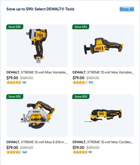 DEWALT XTREME 12 Volt Max Power Tools on display for a Lowe's sale event