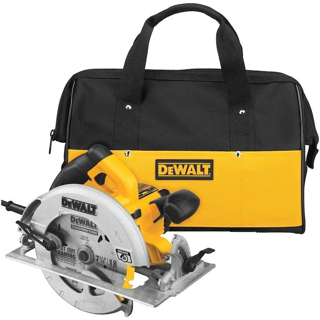 DEWALT 7 1/4 inch corded circular saw with yellow motor housing and aluminum base plate.