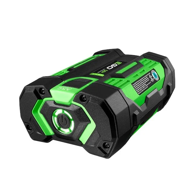 EGO POWER+ 56 Volt 2.5 Ah Lithium Ion battery with green fuel gauge lights showing the shock resistant ARC Lithium design.