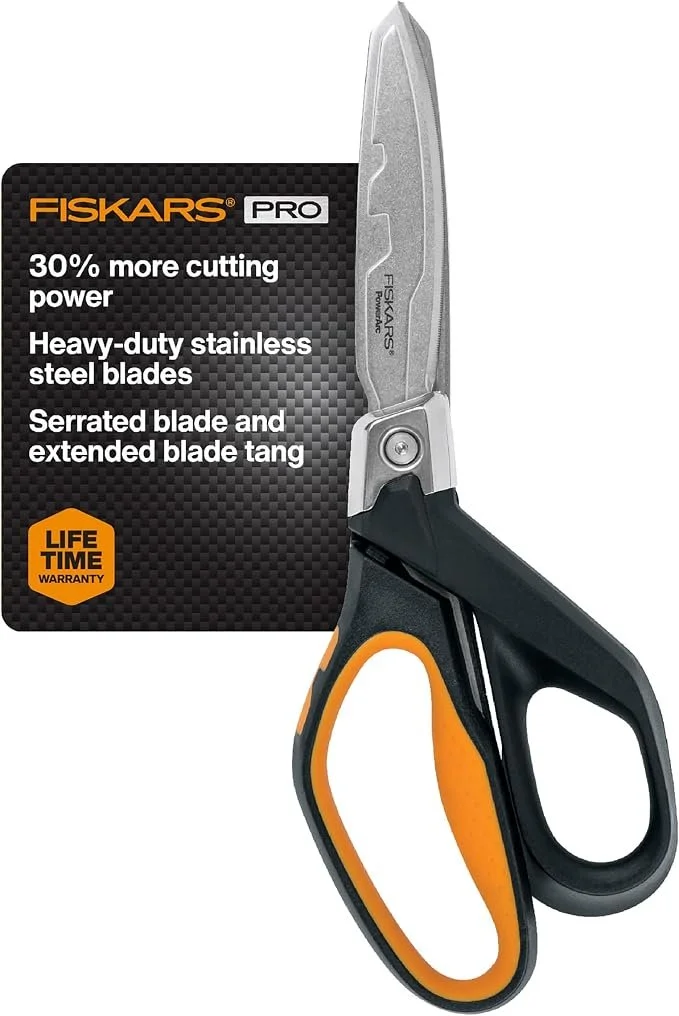 Fiskars Pro PowerArc 10 Inch Heavy Duty Stainless Steel Shop Shears with orange and black SoftGrip handles