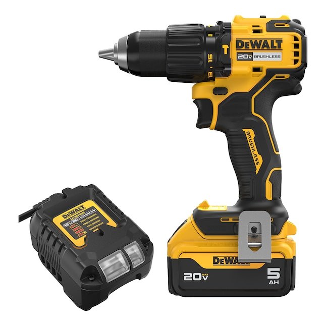 DEWALT 20V Max Brushless Cordless Hammer Drill kit with battery and charger on a white background.