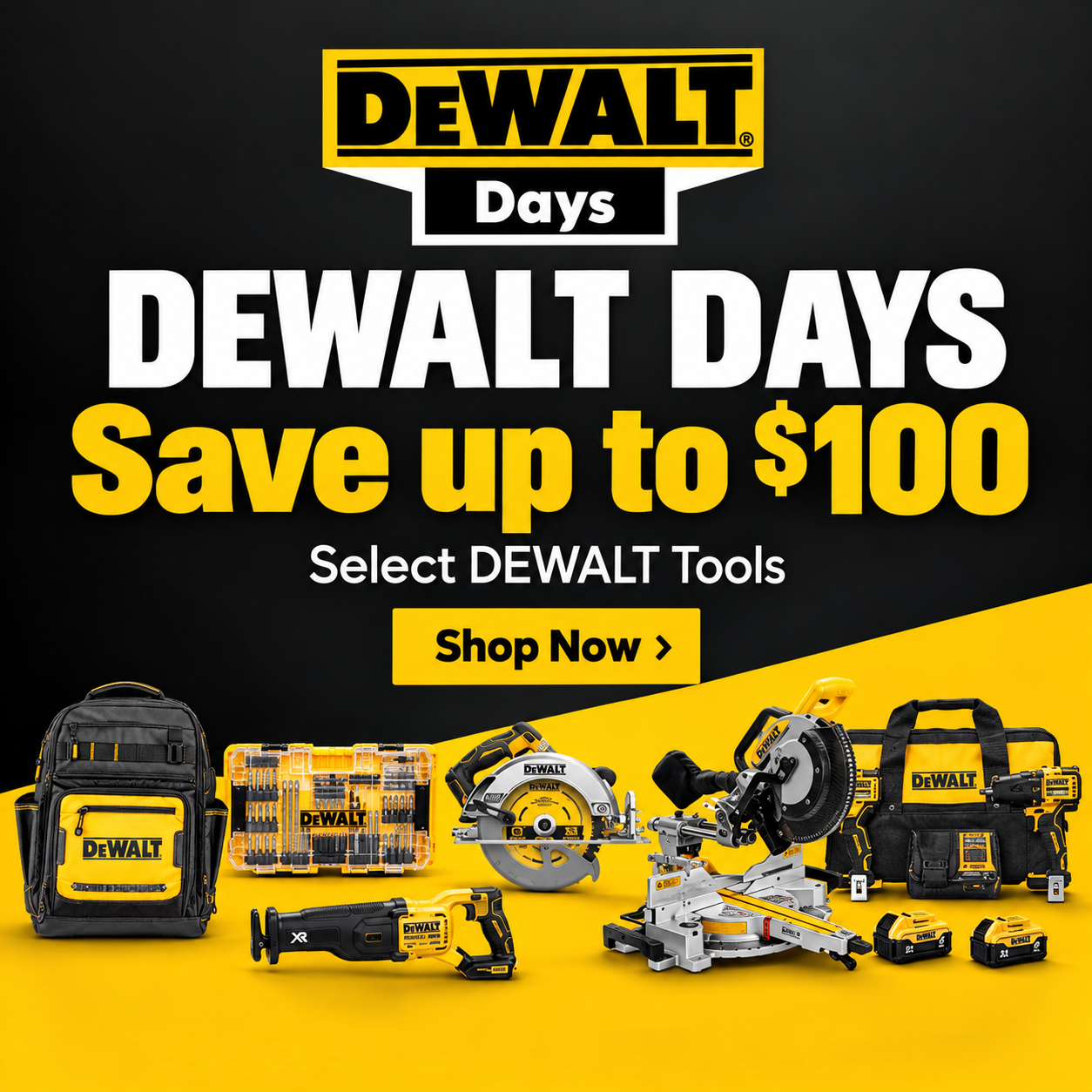 DEWALT Days sale at Lowe's with up to $100 off select DEWALT table saws, miter saws, 20V MAX XR cordless tools, and batteries