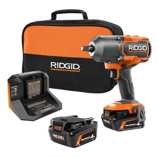RIDGID 18V brushless cordless 4 mode 1/2 inch high torque impact wrench kit with two 4.0 Ah batteries and charger