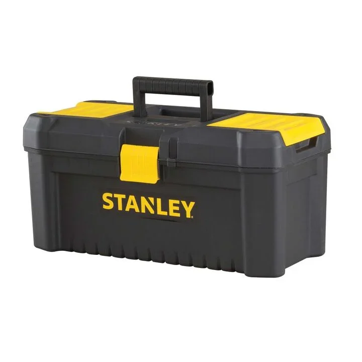 Stanley 16 inch black and yellow plastic toolbox with top organizers and a removable internal tool tray.