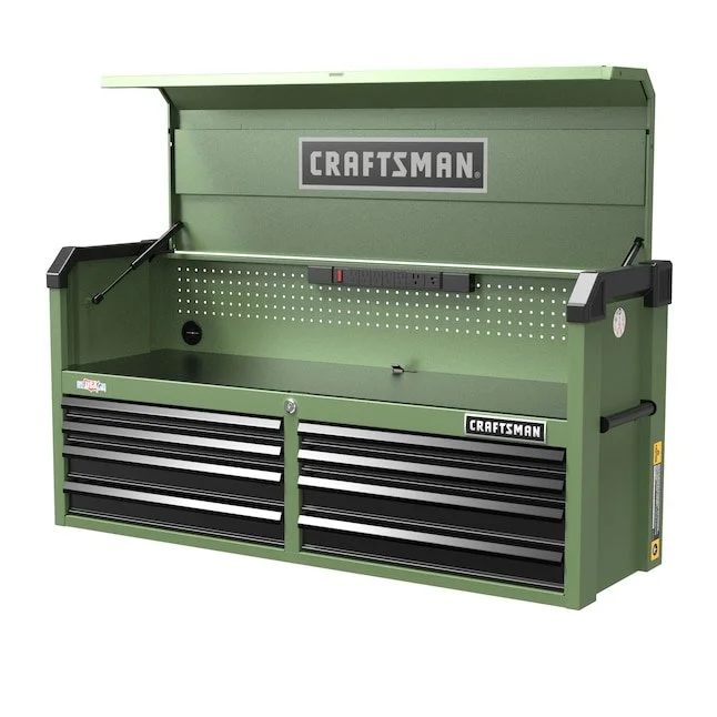 CRAFTSMAN S2000 52 inch 8 drawer steel tool chest in army green with soft close drawers and built in power