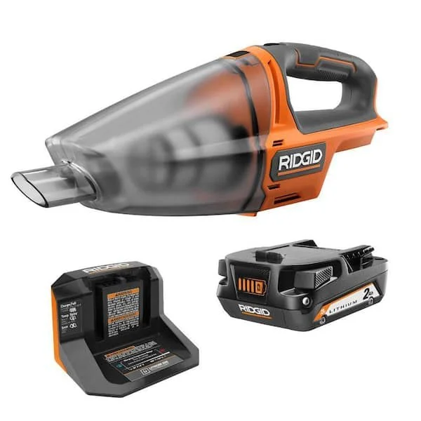 RIDGID 18V Cordless Hand Vacuum Kit R8609021K with 2.0 Ah battery, charger, and nozzles