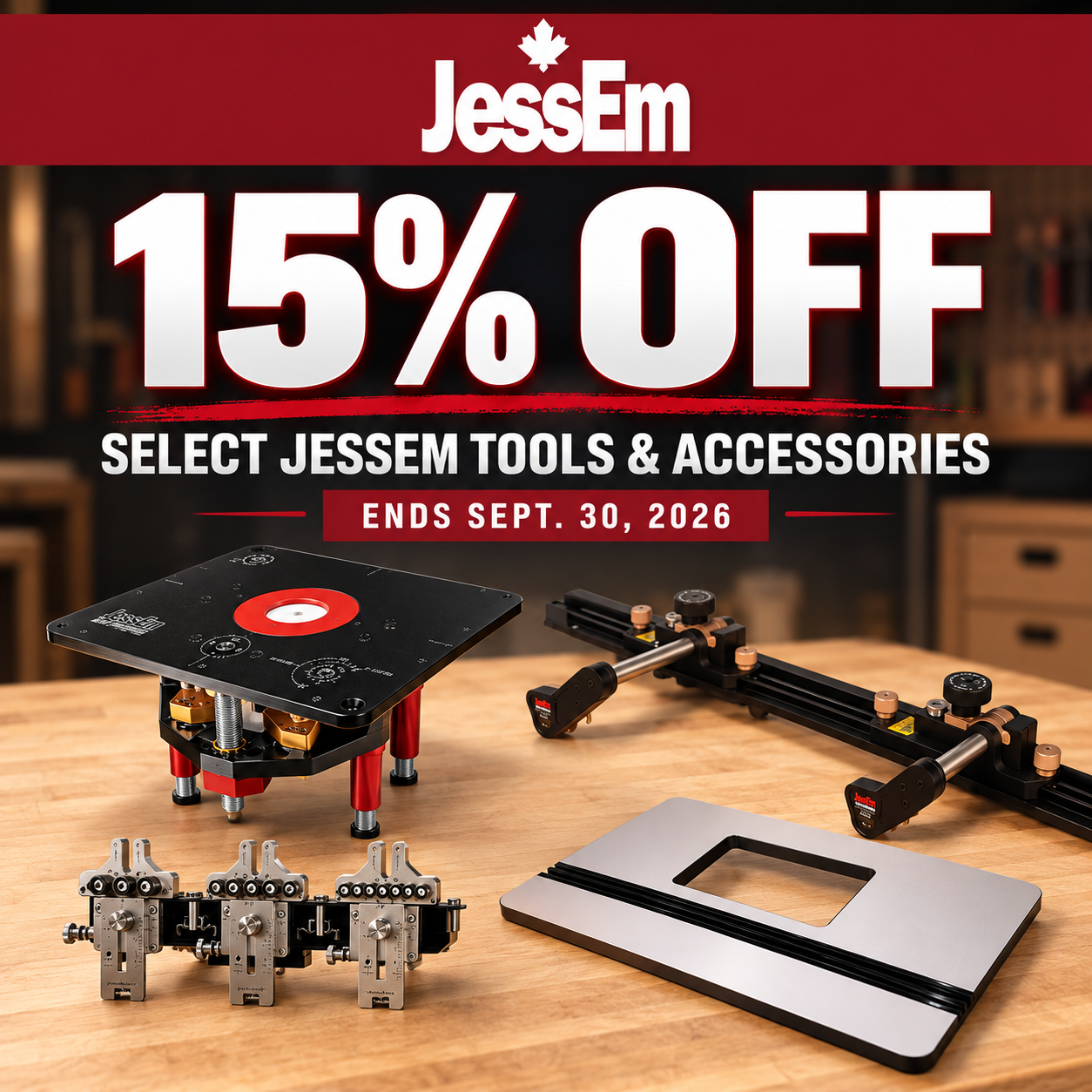 A collection of JessEm woodworking accessories including a precision router lift dowel jig and clear cut stock guides arranged on a workbench