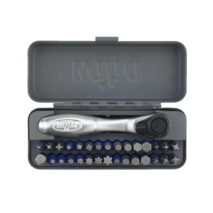 Wiha 32 piece impact bit set with mini ratchet and locking bit holder displayed inside a compact metal storage case.