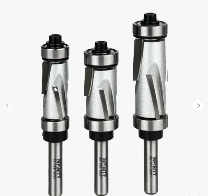 Infinity Tools 3 Piece 1/4 inch Shank mini Mega Flush Trim Router Bit Set with Quattro compression design for woodworking.