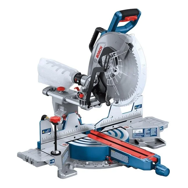 Bosch 18 volt 12 inch dual bevel cordless miter saw sitting on a workbench