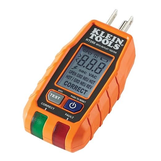 Klein Tools RT250 GFCI outlet tester with backlit LCD display for testing 3 wire 120V electrical receptacles