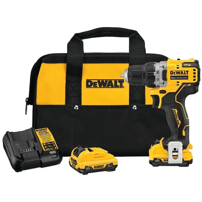 DeWALT XTREME 12V Max brushless cordless 3/8 inch drill driver kit with two batteries a charger and a black contractor tool bag