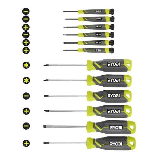 RYOBI 12 Piece Screwdriver Set with green cushion grip handles and magnetic tips displayed with precision case.