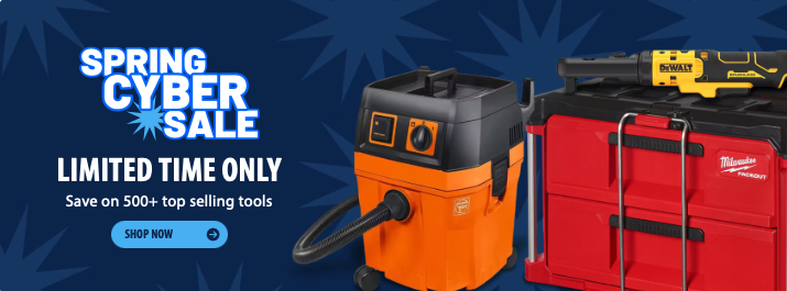 Selection of professional power tools and accessories from the Acme Tools Spring Cyber Sale including drills impact drivers and batteries.