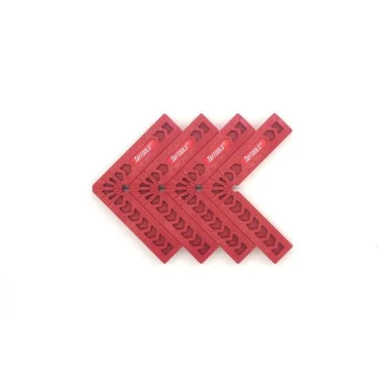 Taytools 4 piece set of black glass reinforced nylon 90 degree clamping assembly squares on a wood surface showing 25% off deal.