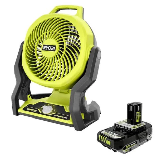 RYOBI ONE+ 18V cordless hybrid 7 1/2 in. shop fan with 2.0Ah HIGH PERFORMANCE lithium ion battery