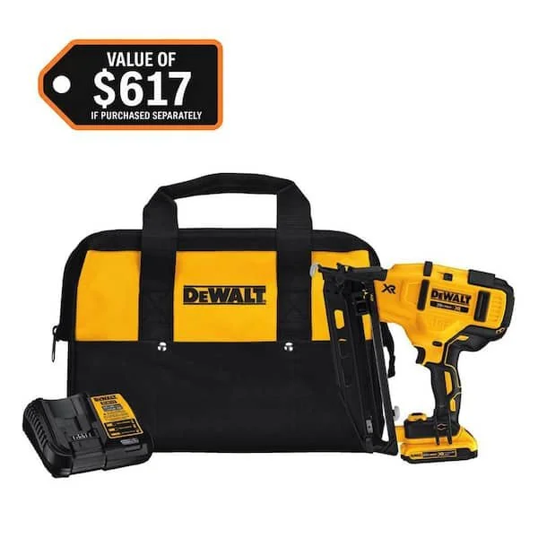 DEWALT 20V MAX XR 16 Gauge Cordless Angled Finishing Nailer kit including the yellow and black nailer with a battery and charger.