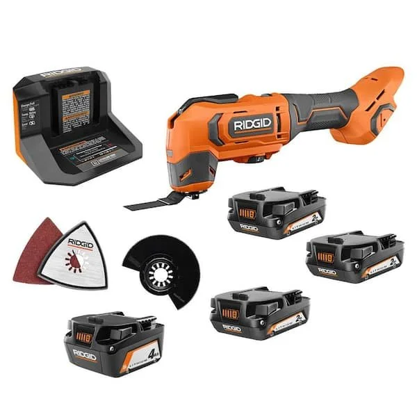 Ridgid 18V cordless oscillating multi tool kit with four lithium ion batteries and two chargers