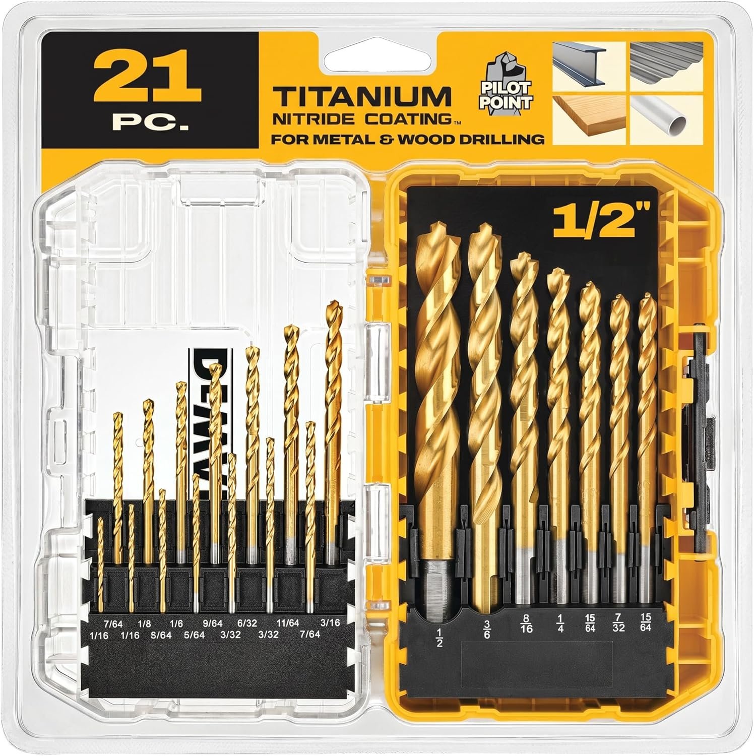 DEWALT 21 Piece Titanium Nitride Coated Pilot Point Drill Bit Set inside a tough case.