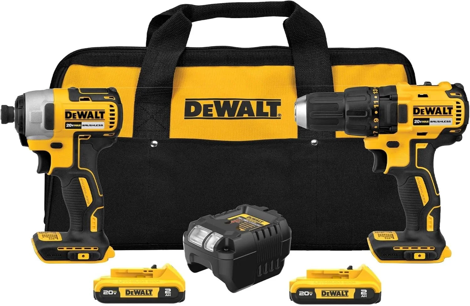 DEWALT 20V MAX brushless cordless drill and impact driver combo kit with two batteries, charger, and yellow contractor bag on a white background.