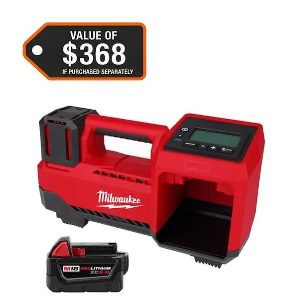 Milwaukee M18 cordless tire inflator with red housing and digital display next to a 5.0 Ah battery.
