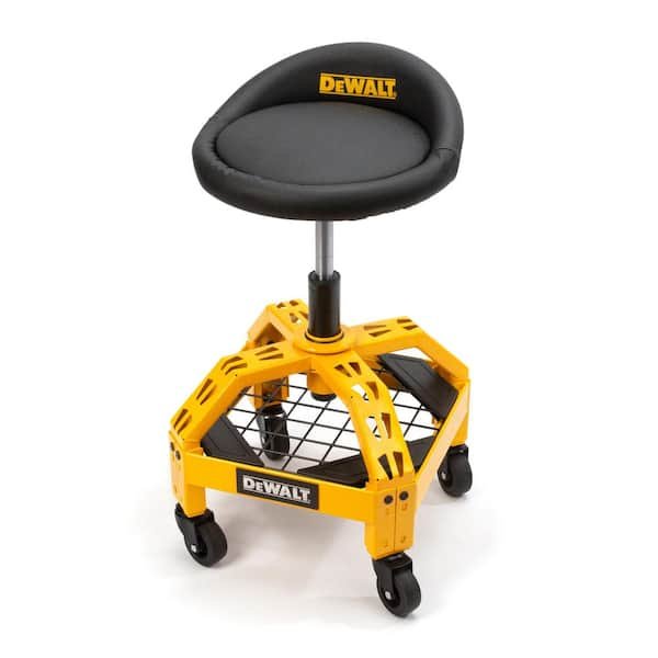 DeWALT 24 in. adjustable shop stool with 360 degree swiveling padded seat, pneumatic height adjustment, lower wire storage shelf, all steel frame, and casters on sale at Home Depot for $89.45