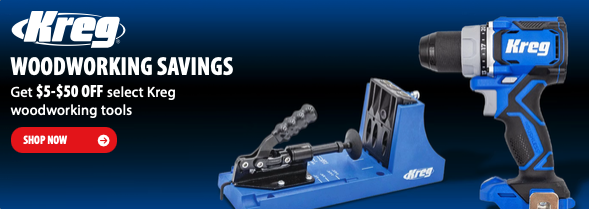 Kreg woodworking tools and accessories including pocket hole jigs, clamps, and track guides eligible for up to $50 off at Acme Tools