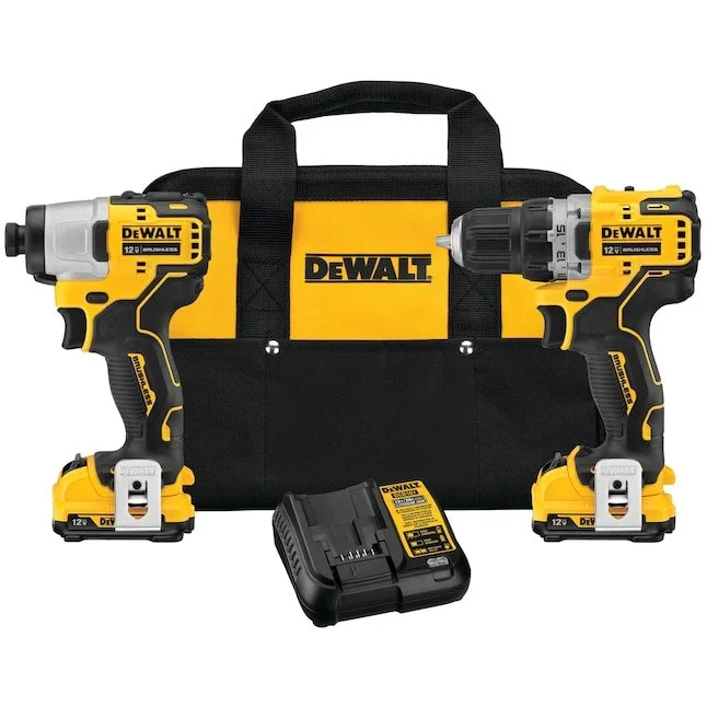 DEWALT XTREME 12V MAX XR brushless cordless drill and impact driver combo kit with two batteries and charger.