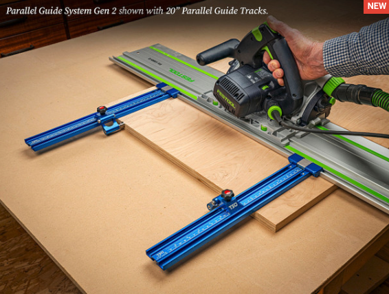 TSO Parallel Guide System Gen 2 featuring aluminum tracks and blue Flip Stop Pro components on a woodworking guide rail