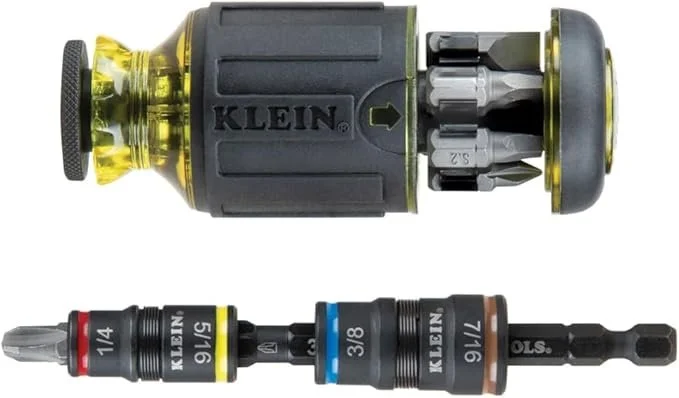 Klein Tools 32308HD impact driver set 12 in 1 stubby screwdriver with 2 hex flip sockets, 7 bits, and 1/4 inch bit holding feature for tight spaces