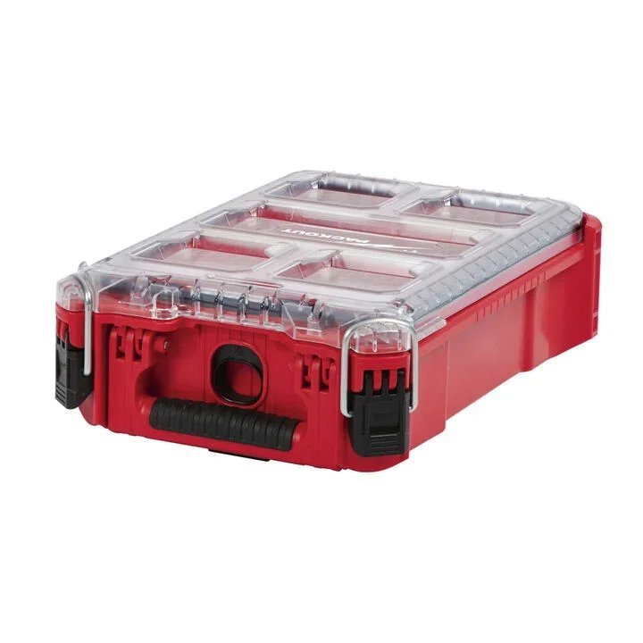 Milwaukee PACKOUT Compact Organizer with clear lid, 4 small bins, and 1 large bin