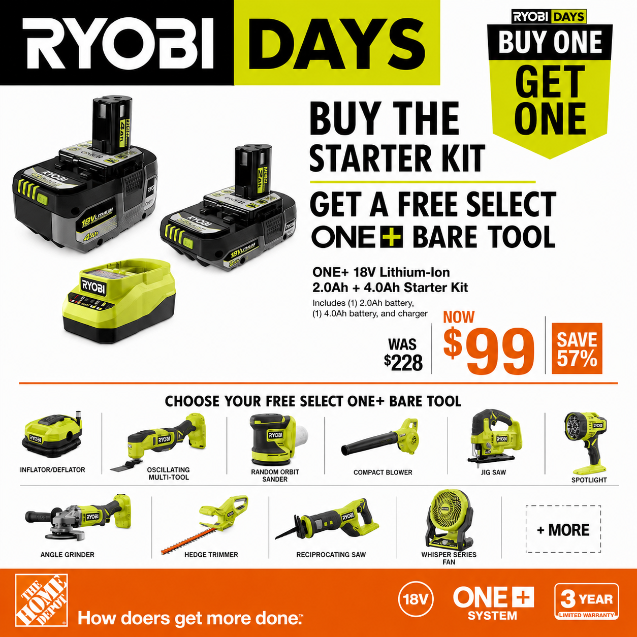 RYOBI ONE+ HP three battery starter kit with charger and options for a free select cordless bare tool.