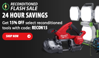 A variety of reconditioned professional power tools from top brands arranged together for the Acme Tools seasonal sale.