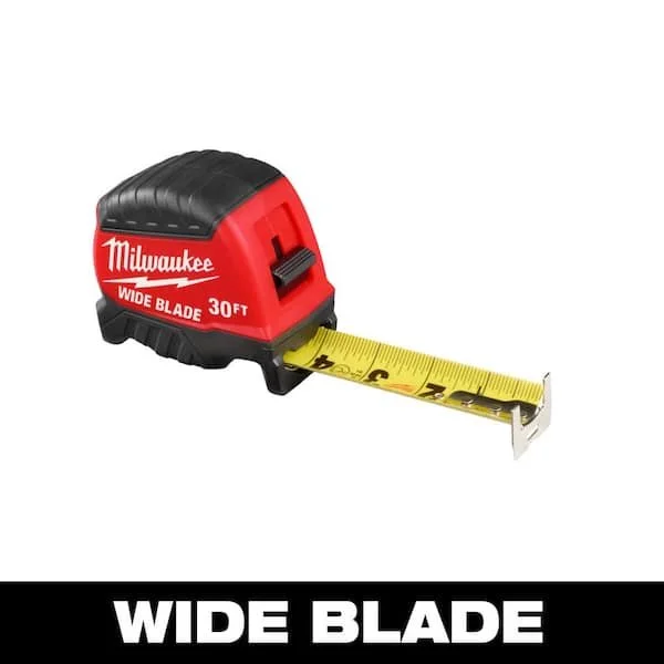 Milwaukee 30 ft wide blade tape measure with 18 ft reach, finger stop, and impact resistant body