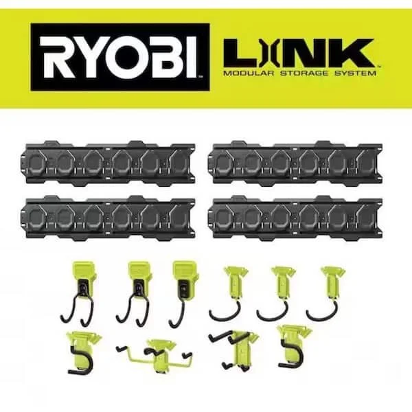 RYOBI LINK 14 Piece Recreational Storage Kit showing green wall rails and various steel hooks holding a bicycle and outdoor tools.