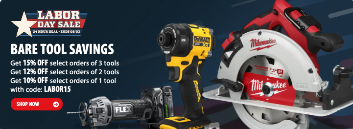 Acme Tools promotion with code LABOR15 offering 10% to 15% off select bare tools for online orders